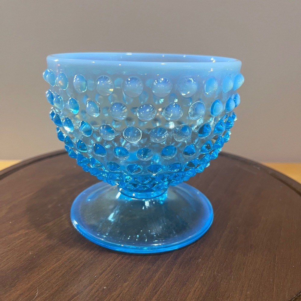 Vtg Fenton Blue Opalescent Hobnail Footed Sherbet Cup MCM Art Glass Bowl 4"